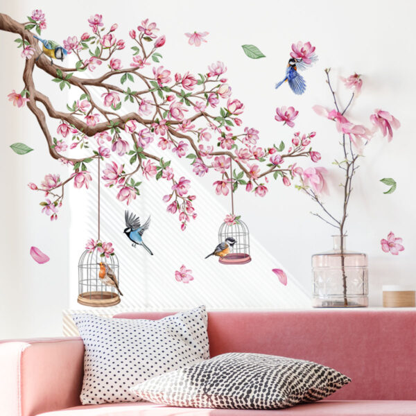 Pink Flowers Peach Tree Bird  Cage Decoration  Self-adhesive Pvc wall sticker