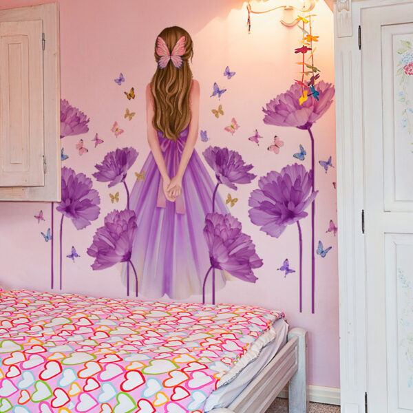 Purple Girl Butterfly Purple Flower Decoration Wall Sticker